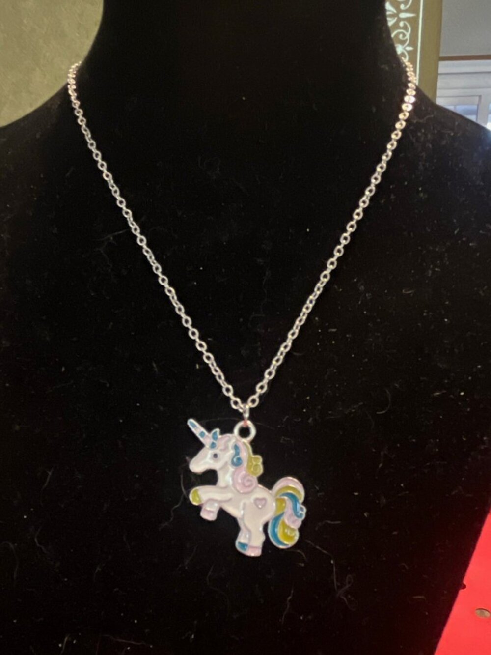 Silver Tone Cable Chain Necklace w/ Enamel Multicolor Unicorn Charm Pendant